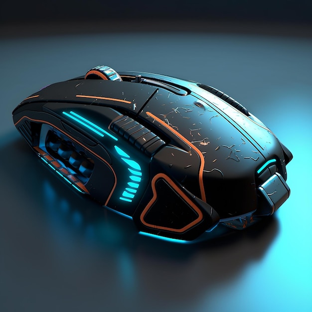 a black mouse with a blue light on it