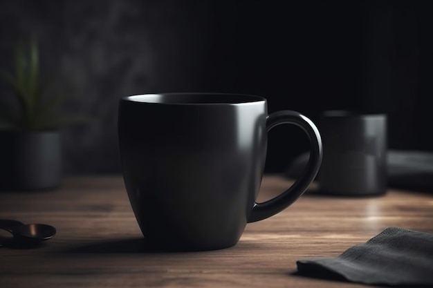 Black mug cup on a table Mockup