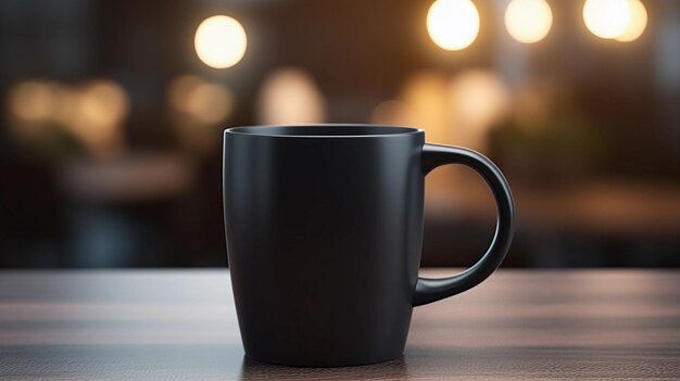 Black mug mockup against the background of blurred lights