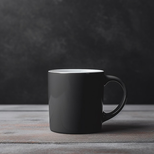 Foto mockup di tazza nera, disegno di sfondo in cemento nero