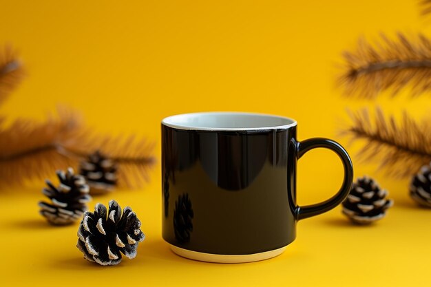 Black mug with pine cones on a yellow background