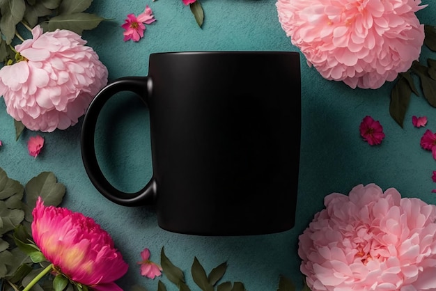 A black mug with pink flowers on a blue background