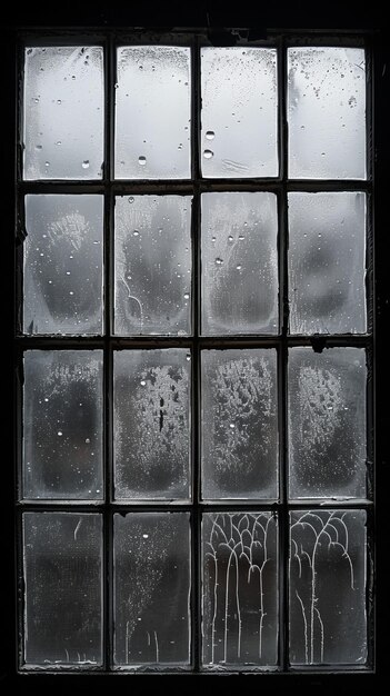 Black mullion window with raindrops