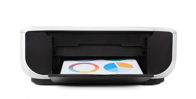 Black multi function printer isolated against a white background