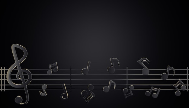 Photo black music notes flowing along the lines of the song melody in a dark background. copy space for your text or title on top. the concept of music and aesthetic rhythm. 3d illustration rendering.