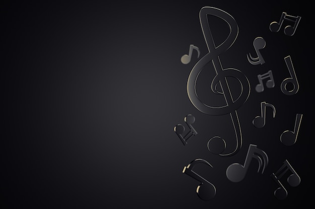 Photo black music notes of song melody flowing in the air on a dark background. copy space for your text or article on the left. the concept of music and aesthetic rhythm. 3d illustration rendering.