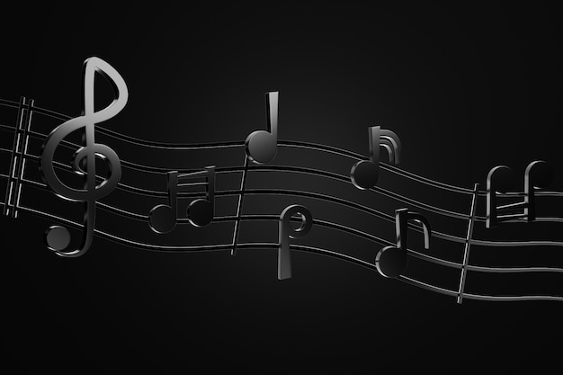 Premium Photo | Black music notes and wave music lines in darkness  background. 3d rendering illustration. concept of rock musical.