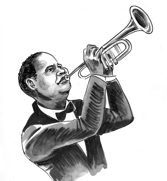 Black musician playing trumpet. Ink black and white drawing