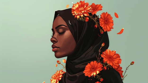 フローラルヒジャブを着た黒人ムスリム女性セルフラブコンセプトジェネレーティブAI