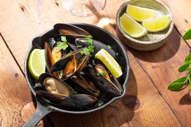 Black mussels in garlic sauce with herbs and lime and a glass of white wine