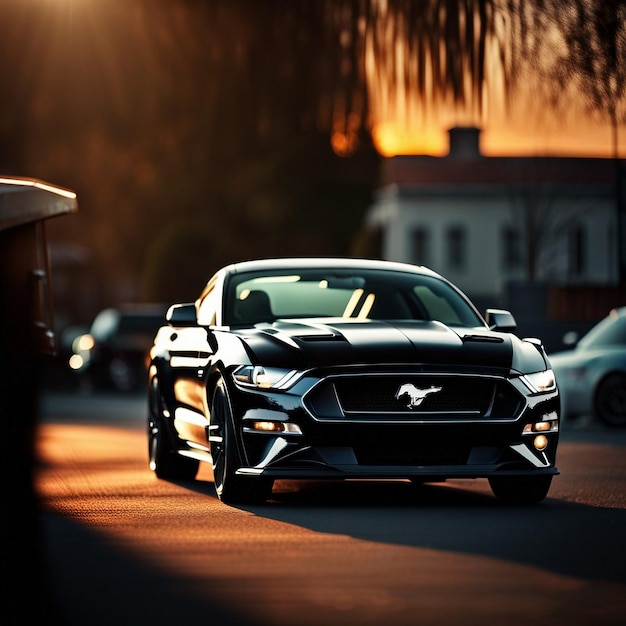 Black mustang on road in evevning