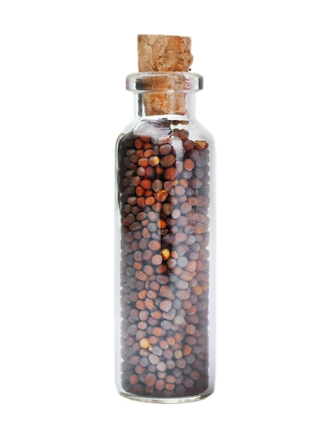 白い背景の上のガラス瓶の黒マスタード豆