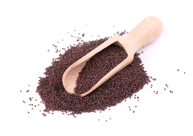 Black mustard seeds in a wooden spoon isolated 