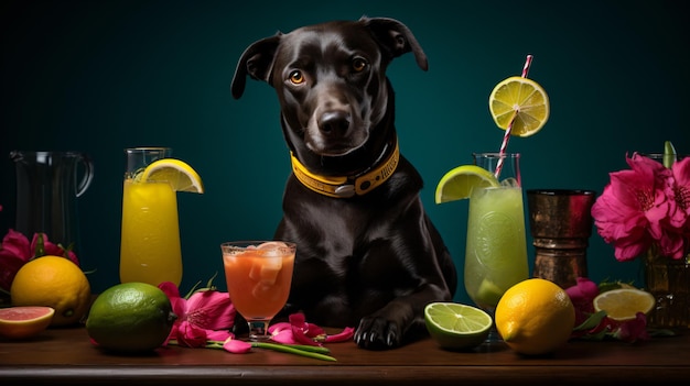 Black mutt dog posing with colourful cocktail