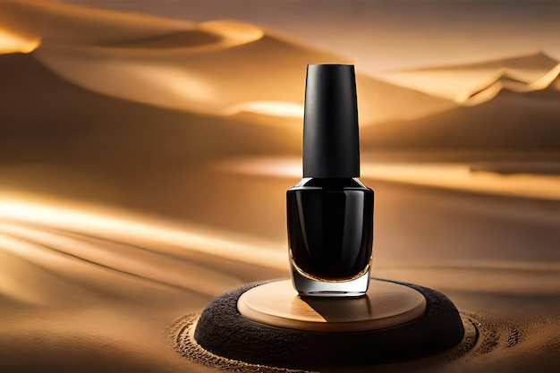 Black nail polish bottle with gold tone background