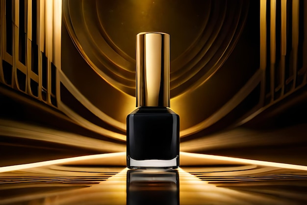 Black nail polish bottle with gold tone background