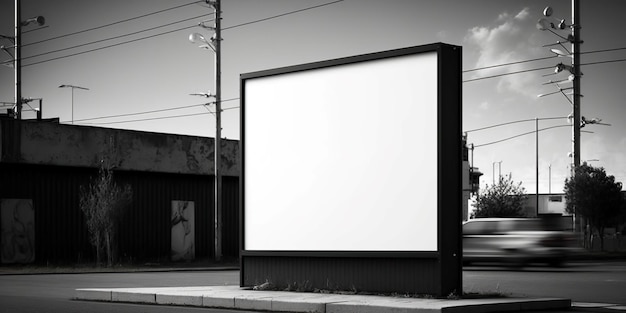 Foto mockup di scatola al neon nera per la pubblicità su sfondo stradale bianco e nero ai generativa