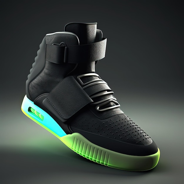 A black nike shoe with a neon green light on the bottom.