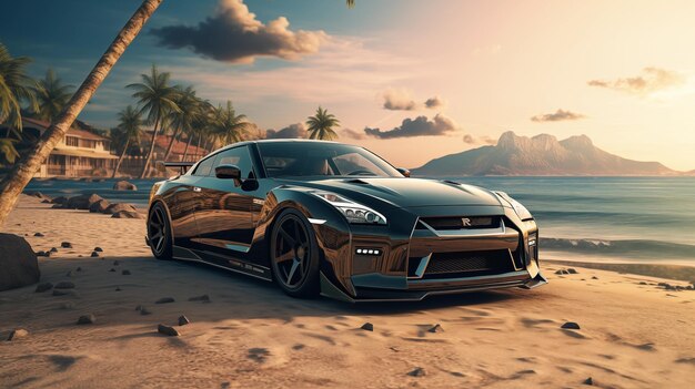 A black nissan gtr is parked on a desert ai generated