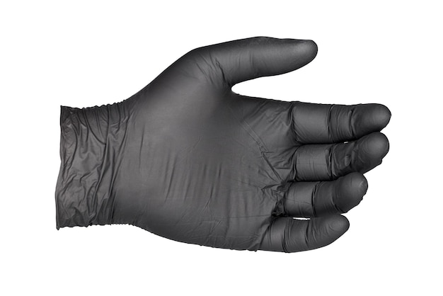 白い背景に分離された黒いニトリル手袋ウイルス保護の概念