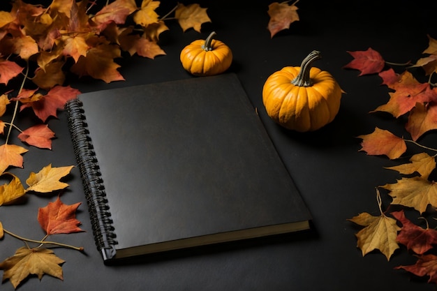 a black Notebook with autumn leaves and a small pumpkin