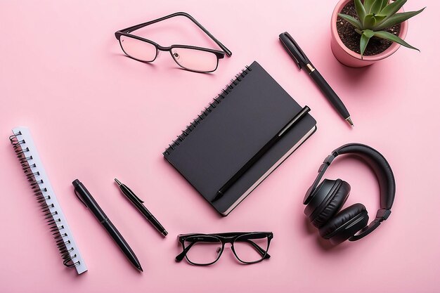 Фото Черный ноутбук с очками и ручкой беспроводные наушники на розовом фоне назад в школу концепция