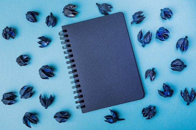 Black notepad on a blue background surrounded by black dry plants.