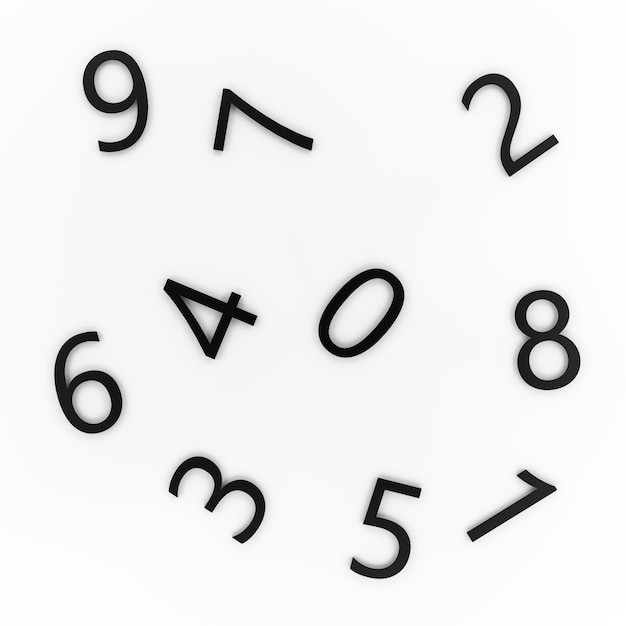 Black numbers from 0 to 9 on a white background top view Abstract numbers from zero to nine banner 3D render