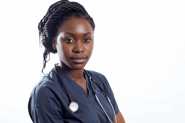 Black nurse in scrubs on white background