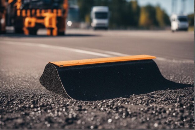 a black object laying on the road with a yellow bumper.