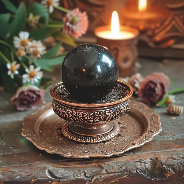 Фото Черная сфера из обсидиана на орнаментированной основе с свечой и цветами