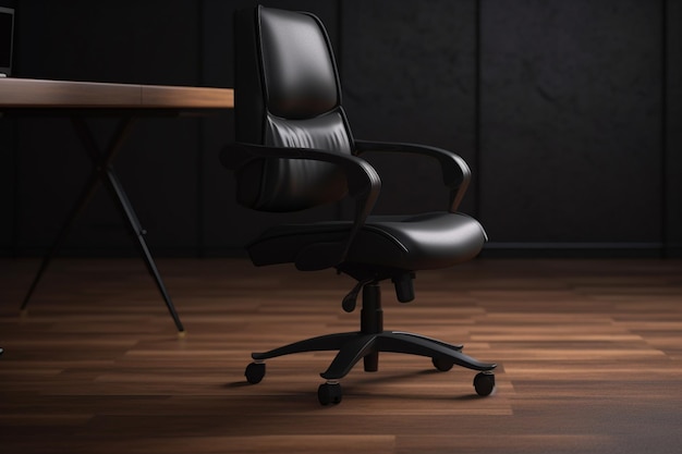 A black office chair in a dark room with a wooden table and a wooden desk.