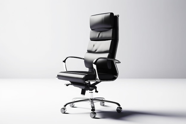 흰색 벽 옆 흰색 바닥 위에 앉아 있는 검은색 사무용 의자 Generative AI