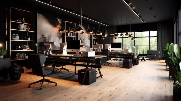 Photo black office interior generative ai