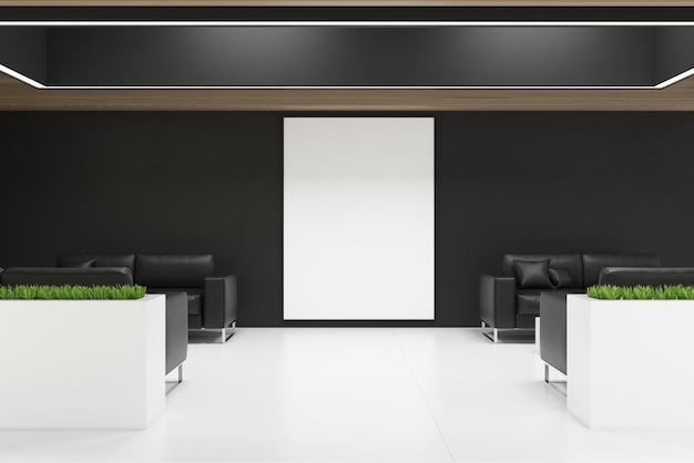 Black office waiting room interior with a black ceiling, black walls, loft windows and soft sofas. A poster. 3d rendering mock up