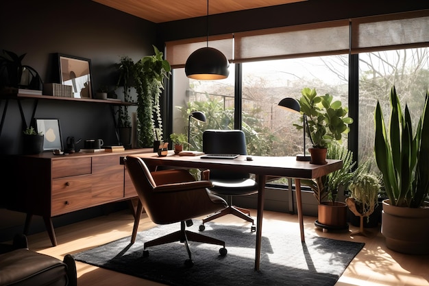 A black office with a black wall that has a desk and a chair that says'the word home'on it.