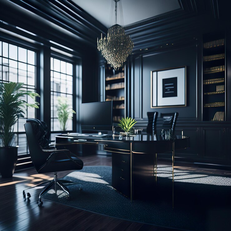 Photo a black office with a large picture of a plant on the wall