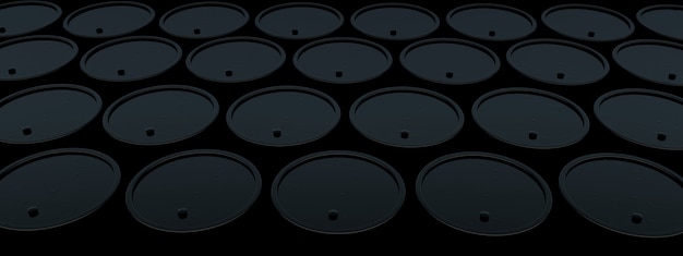 Black oil barrels on dark background, 3d render, panoramic image
