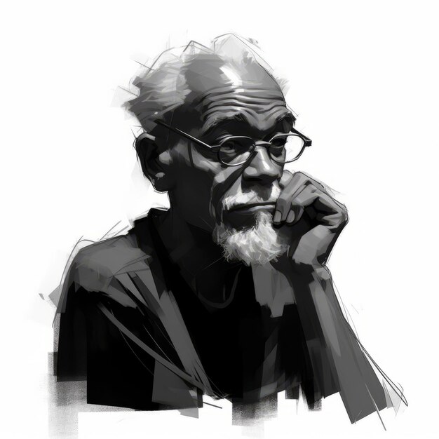 Black old man in thinking and doubts oil painted illustration Male character with dreamy face on abstract background Ai generated acrylic canvas black and white poster