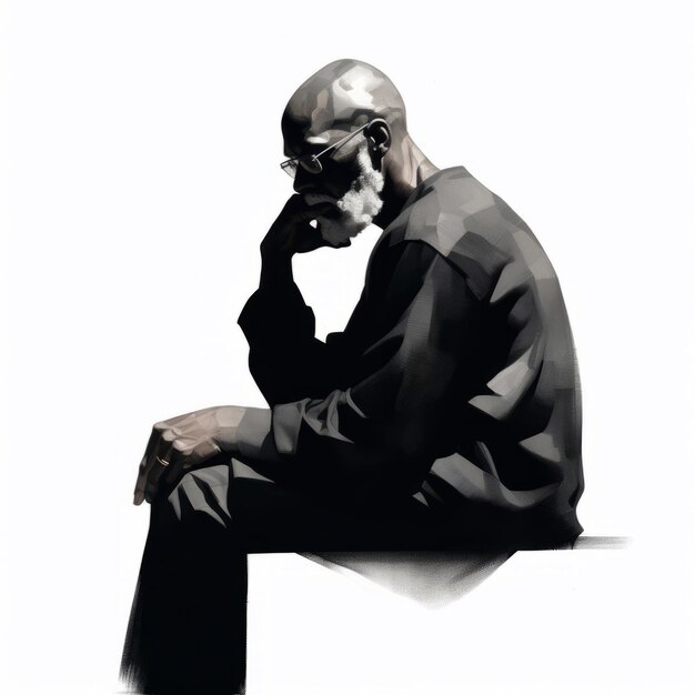 Black old man in thinking and doubts oil painted illustration Male character with dreamy face on abstract background Ai generated acrylic canvas black and white poster