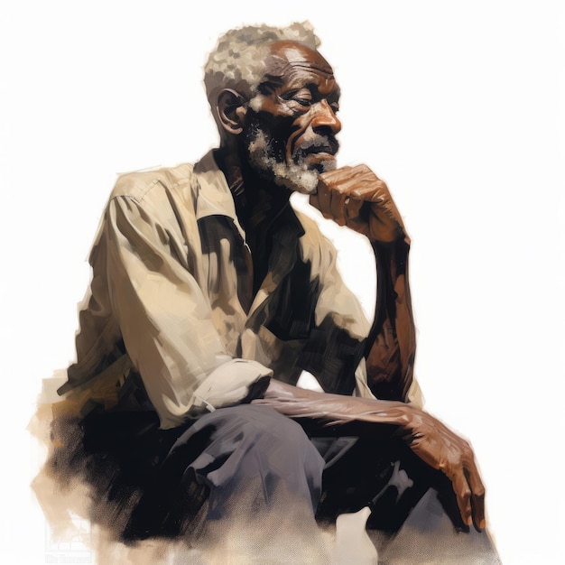 Black old man in thinking and doubts oil painted illustration Male character with dreamy face on abstract background Ai generated acrylic canvas bright poster