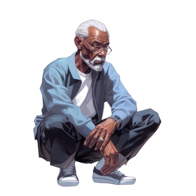 생각하고 의심하는 흑인 노인 사진 현실적인 일러스트레이션 추상적인 배경에 꿈꾸는 얼굴을 가진 남성 캐릭터 아이는 현실적인 밝은 포스터를 생성했습니다.