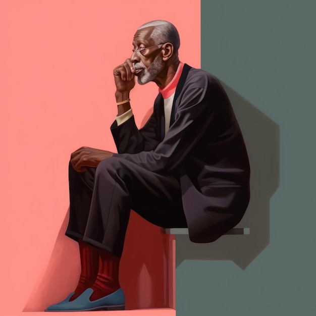 Black old man in thinking and doubts vintage illustration Male character with dreamy face on abstract background Ai generated retro bright poster