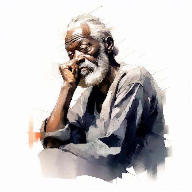 Black old man in thinking and doubts watercolor illustration Male character with dreamy face on abstract background Ai generated watercolor poster