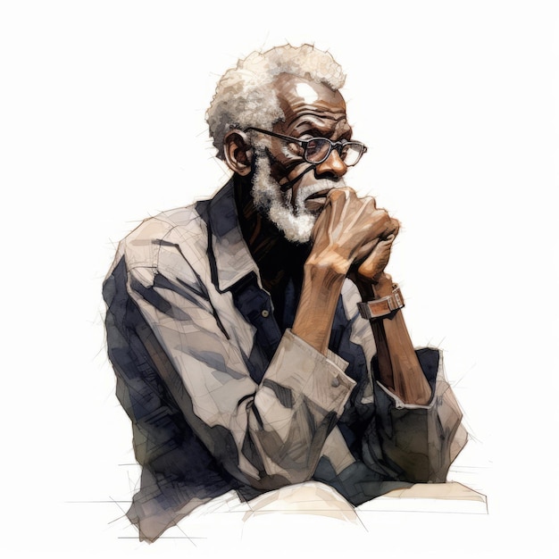 Black old man in thinking and doubts watercolor illustration Male character with dreamy face on abstract background Ai generated watercolor poster
