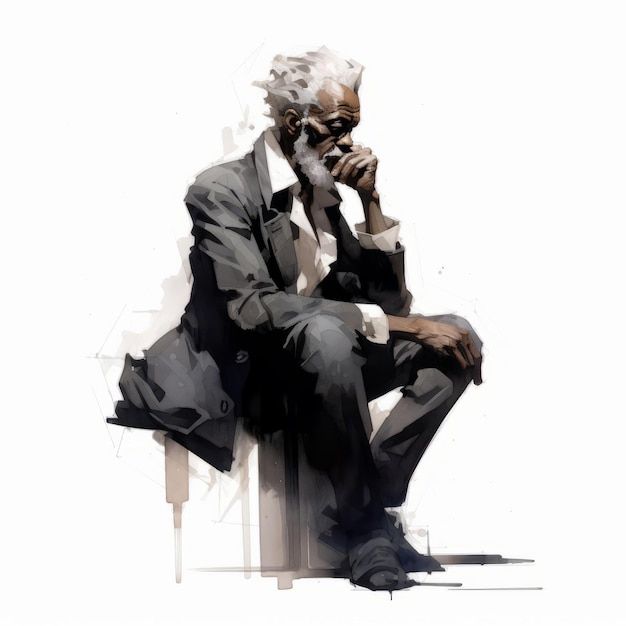 Black old man in thinking and doubts watercolor illustration Male character with dreamy face on abstract background Ai generated watercolor poster