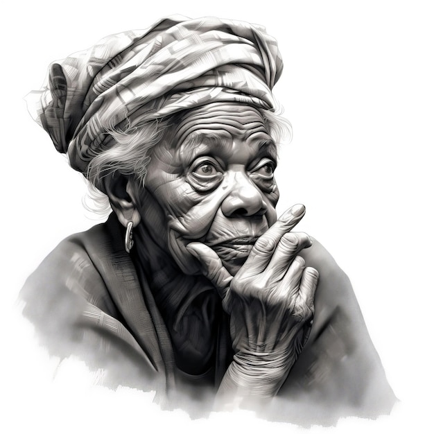 Black old woman in thinking and doubts monochrome illustration Female character with dreamy face on abstract background Ai generated black and white sketch poster