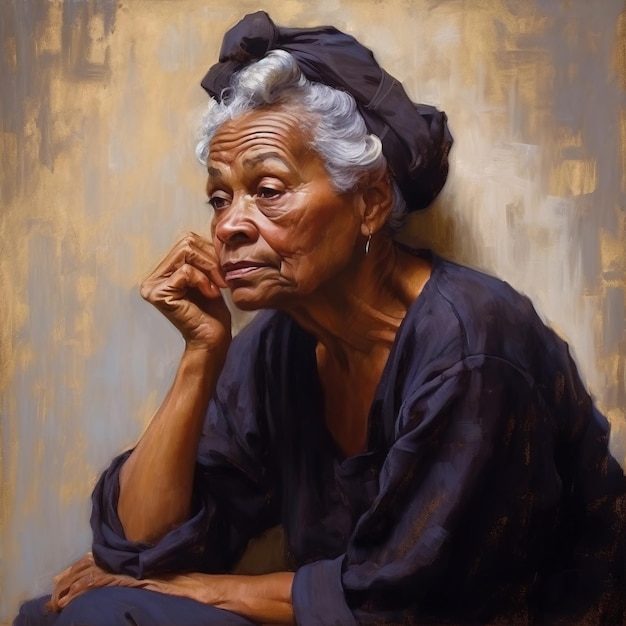 黒人の老婦人思考と疑い油絵画抽象的な背景に夢の顔を描いた女性キャラクターアイが生み出したアクリルキャンバスの明るいポスター