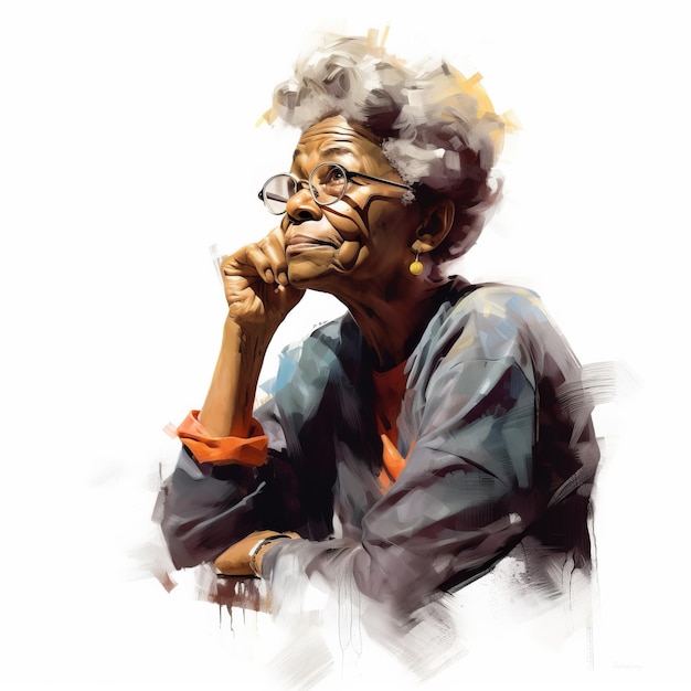 Black old woman in thinking and doubts oil painted illustration Female character with dreamy face on abstract background Ai generated acrylic canvas bright poster