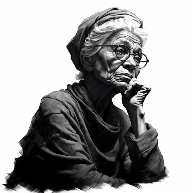 Black old woman in thinking and doubts photorealistic illustration Female character with dreamy face on abstract background Ai generated realistic black and white poster